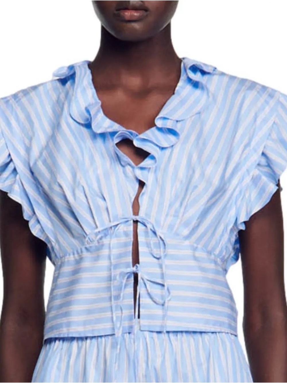 Ruffle Tie-Front Striped Blouse - Light Blue